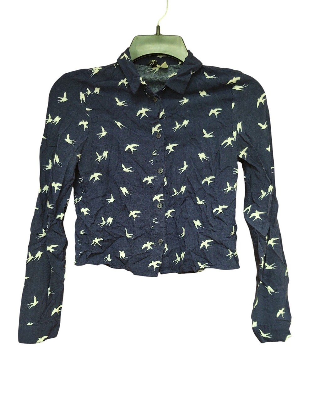 H&M Divided Cropped Navy Shirt with White Bird Print Size 2